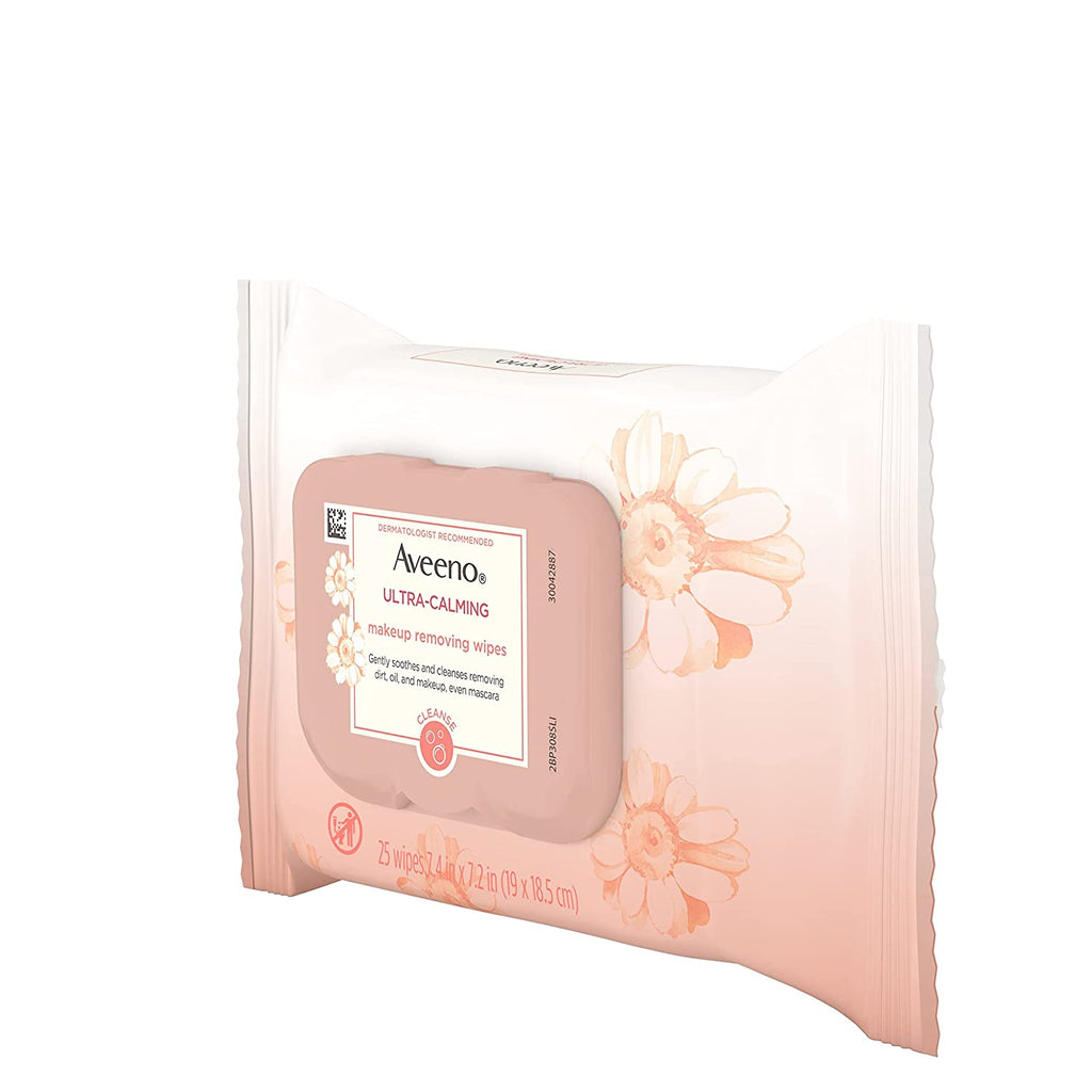Aveeno Ultra-Calming Makeup Removing Facial Cleansing Wipes with Calming Feverfew Extract, Oil-Free Soothing Face Wipes for Sensitive Skin, Nourishing, Gentle & Non-Comedogenic, 25 Ct