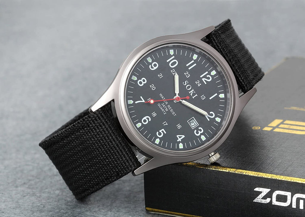 Lancardo Simplicity Analog Quartz Watch with Woven Nylon Band Luminous Hand Military Time 24H (Black)