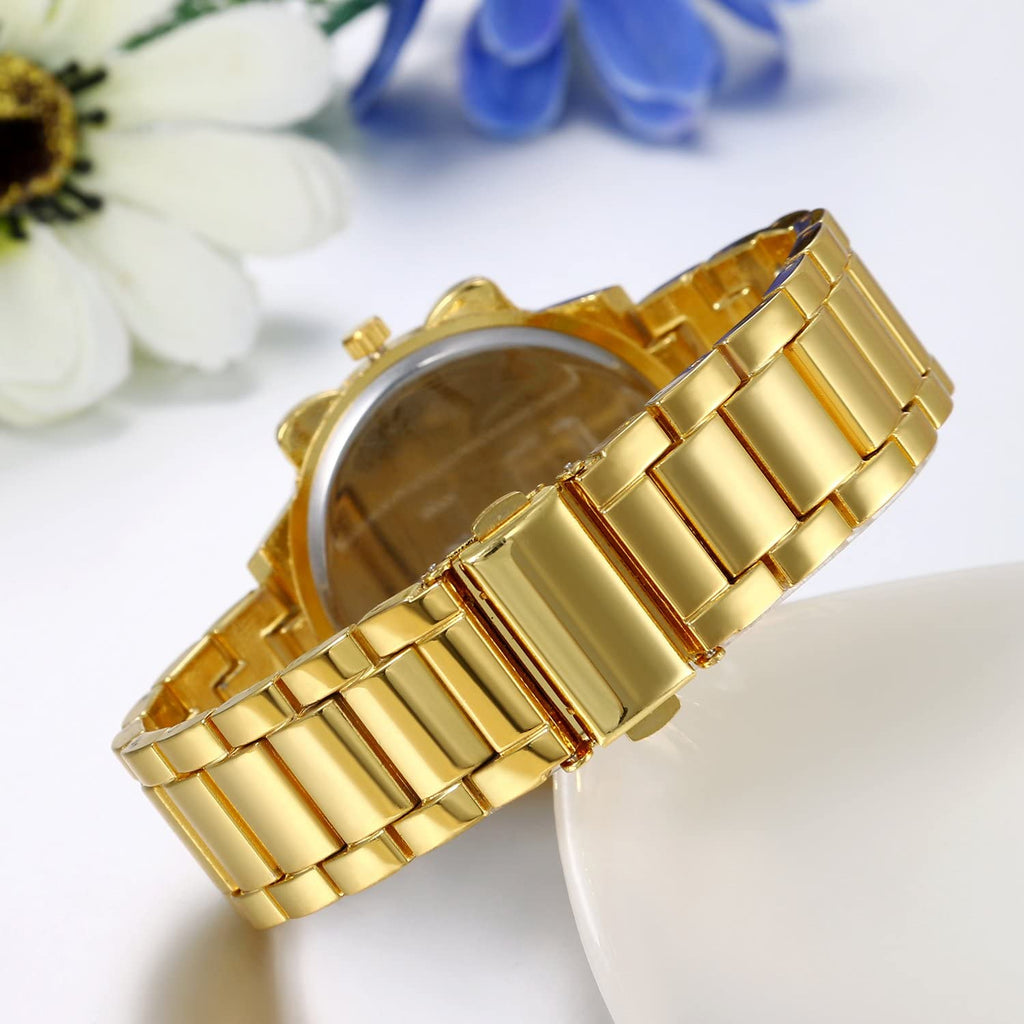 JewelryWe Mens Gold Tone Watch Stainless Steel Round 3 Eyes Quartz Watch, for Valentine’s Day