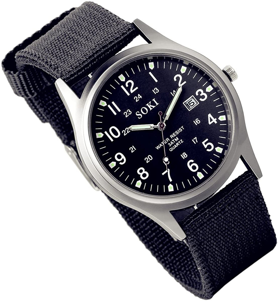 Lancardo Simplicity Analog Quartz Watch with Woven Nylon Band Luminous Hand Military Time 24H (Black)