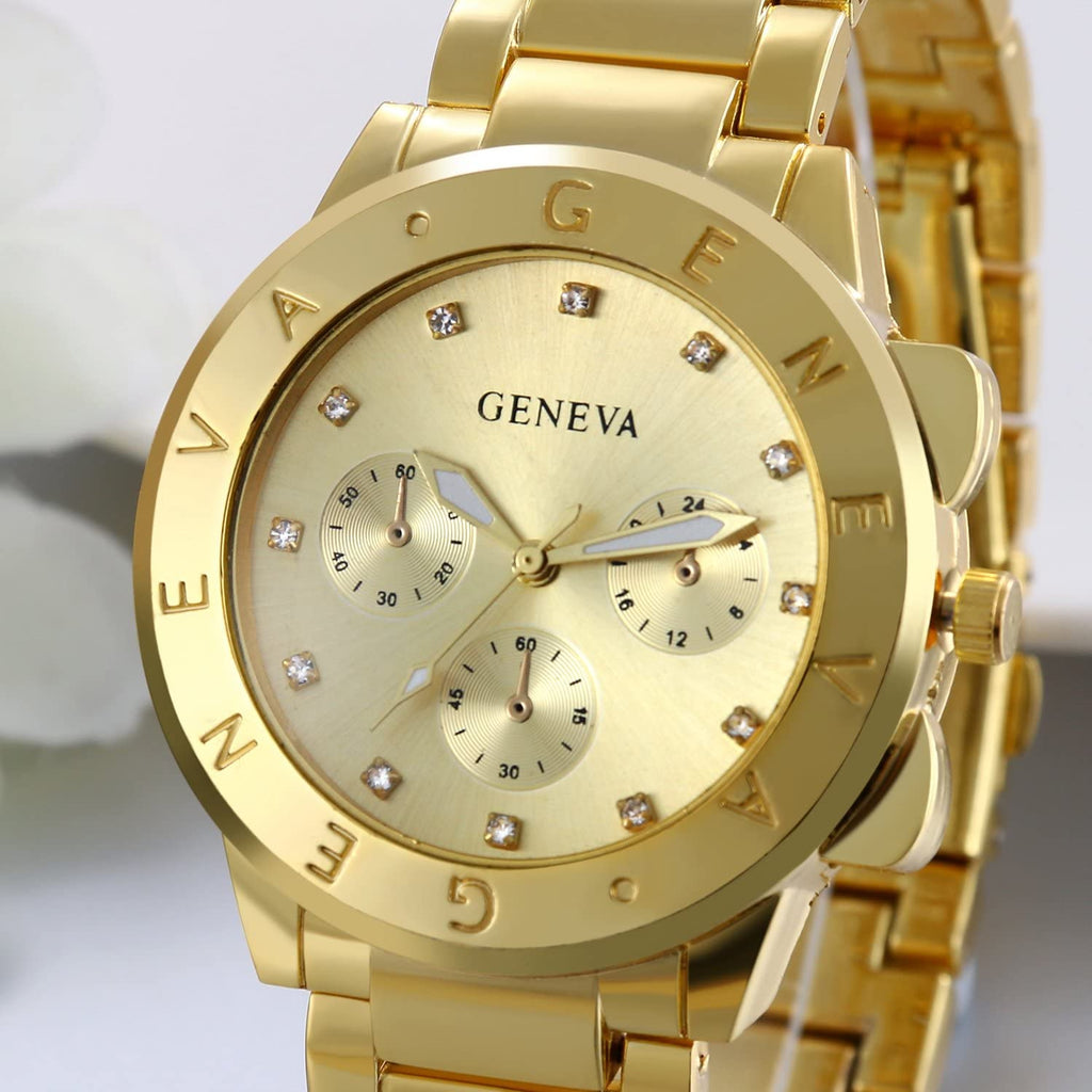 JewelryWe Mens Gold Tone Watch Stainless Steel Round 3 Eyes Quartz Watch, for Valentine’s Day