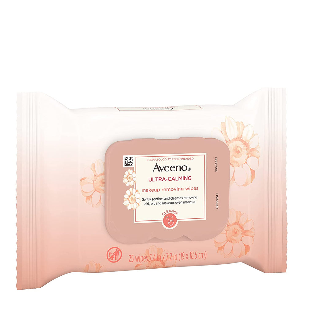 Aveeno Ultra-Calming Makeup Removing Facial Cleansing Wipes with Calming Feverfew Extract, Oil-Free Soothing Face Wipes for Sensitive Skin, Nourishing, Gentle & Non-Comedogenic, 25 Ct
