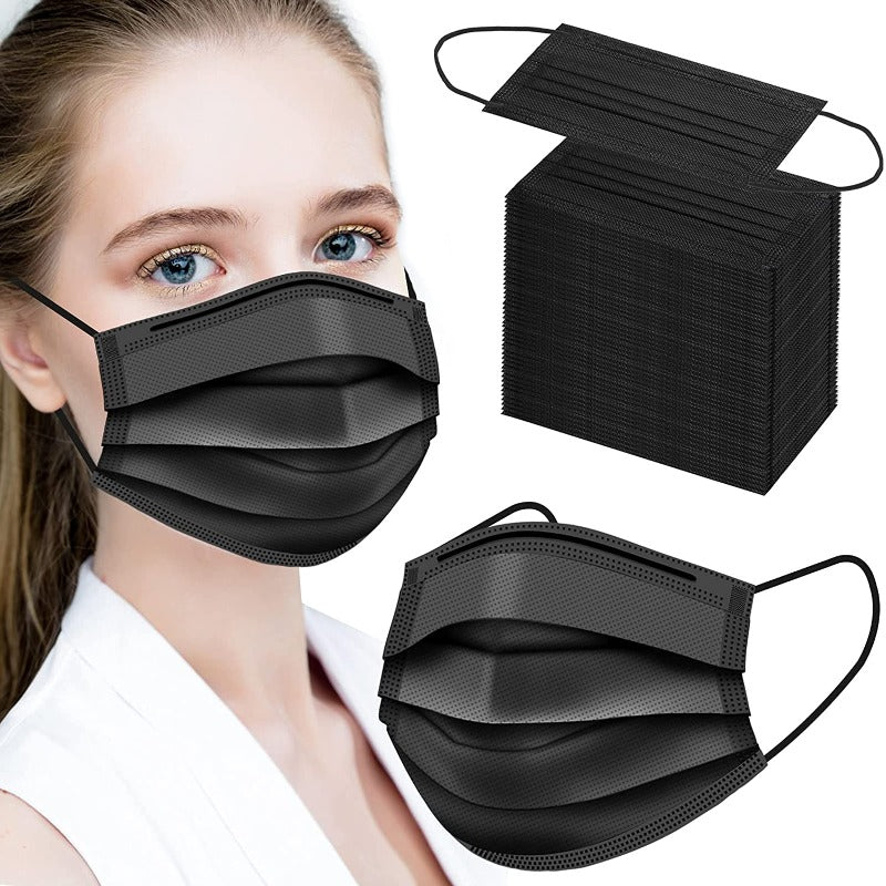  100 Piece Black Disposable Face Masks with 3 Layer Filtration