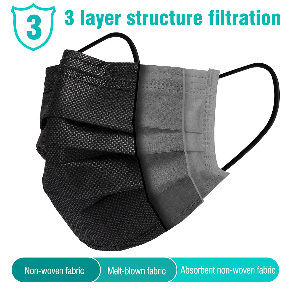 100 Piece Black Disposable Face Masks with 3 Layer Filtration