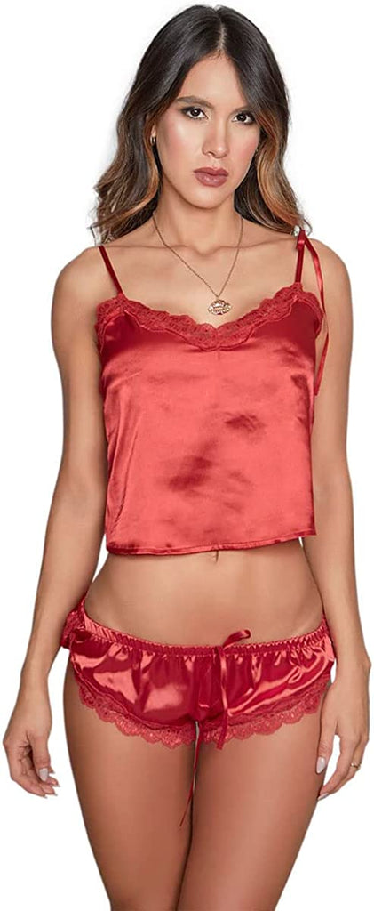 Women's Sexy Lingerie Shiny Satin Lace Sleepwear Set