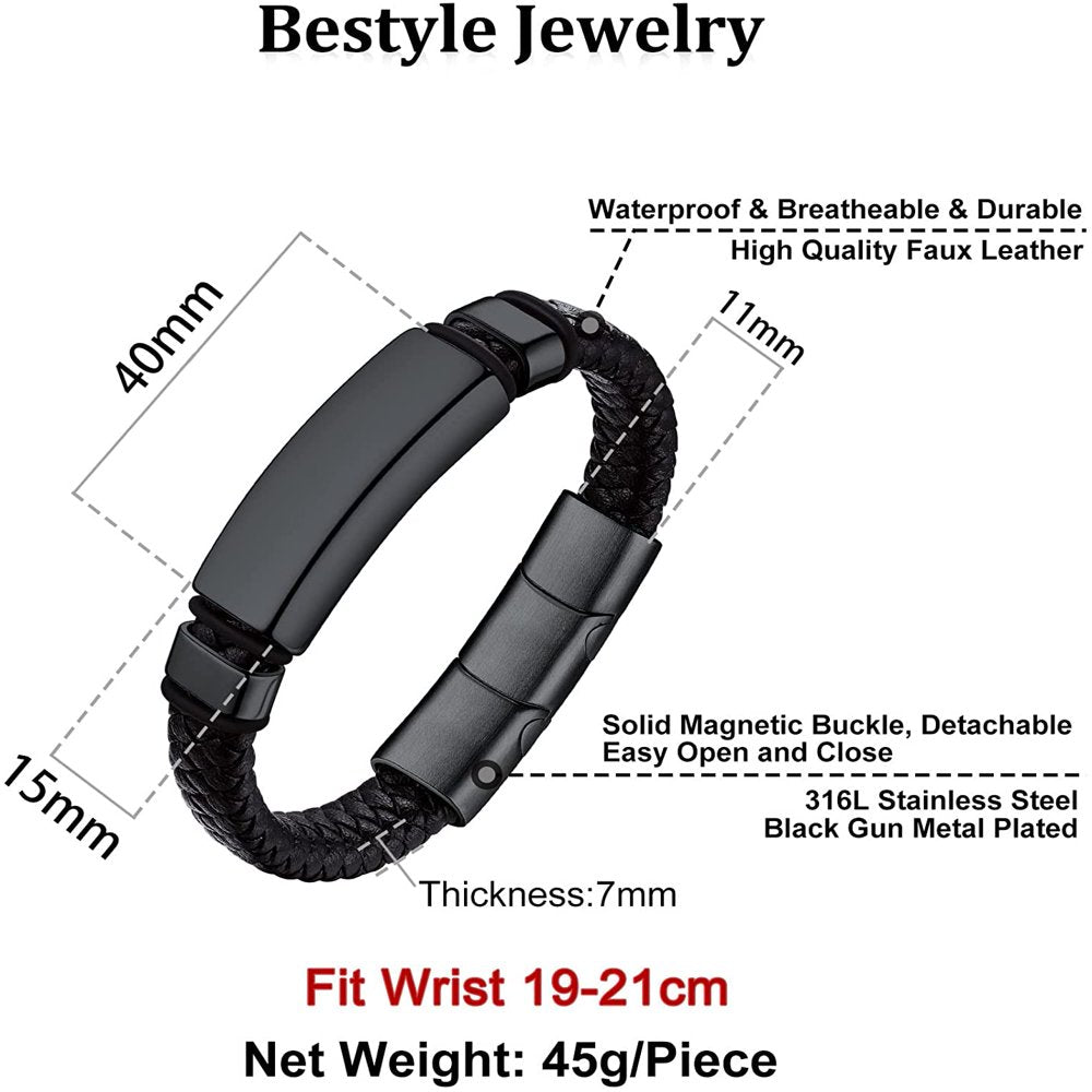  Men's Stainless Steel Braided Leather Wristband ID Tag Bracelet for Men Boys, Black