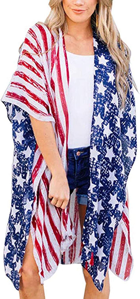  Women's American Flag Print Kimono Cover Up Tops Shirt