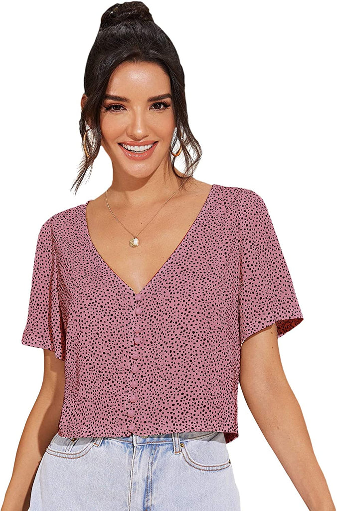 Women's Dalmatian Print V Neck Short Sleeve Button Front Blouse Top