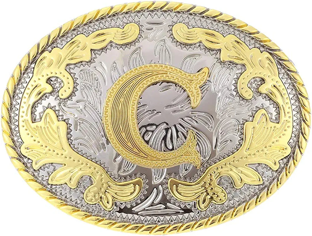 Western Belt Buckle with Initial Letters - Cowboy Rodeo Gold Large Belt Buckle for Men and Women