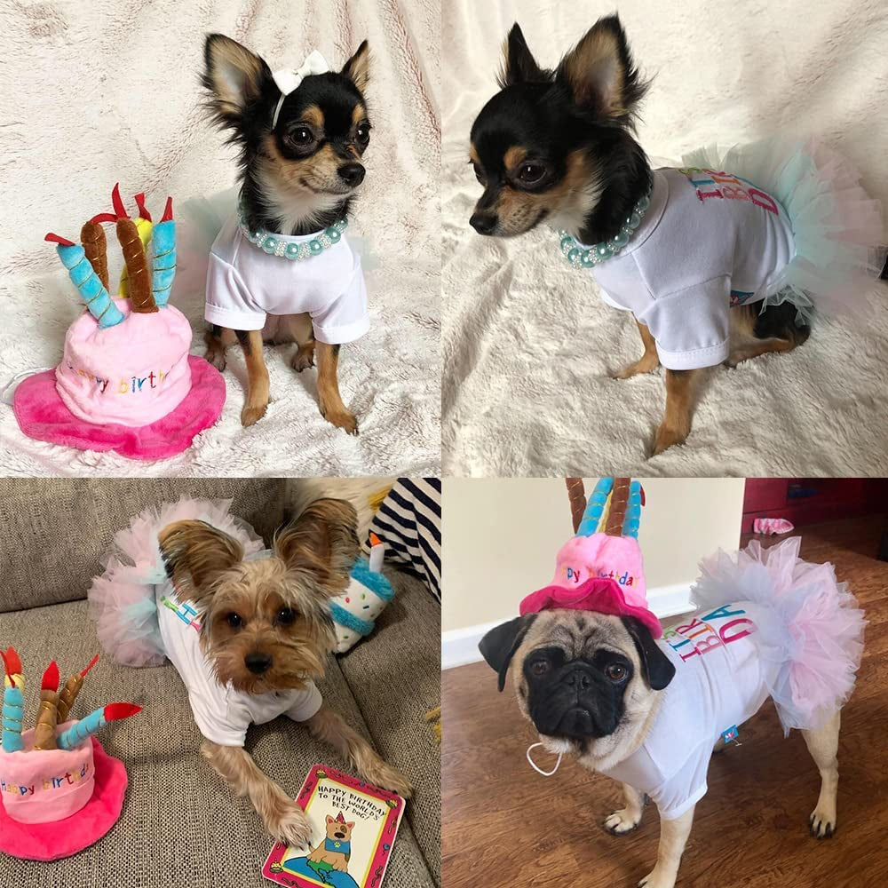 Dog Birthday Princess Tutu Dress for Small Dogs Girl + Adjustable Puppy Cat Birthday Party hat Cake Shaped (A)