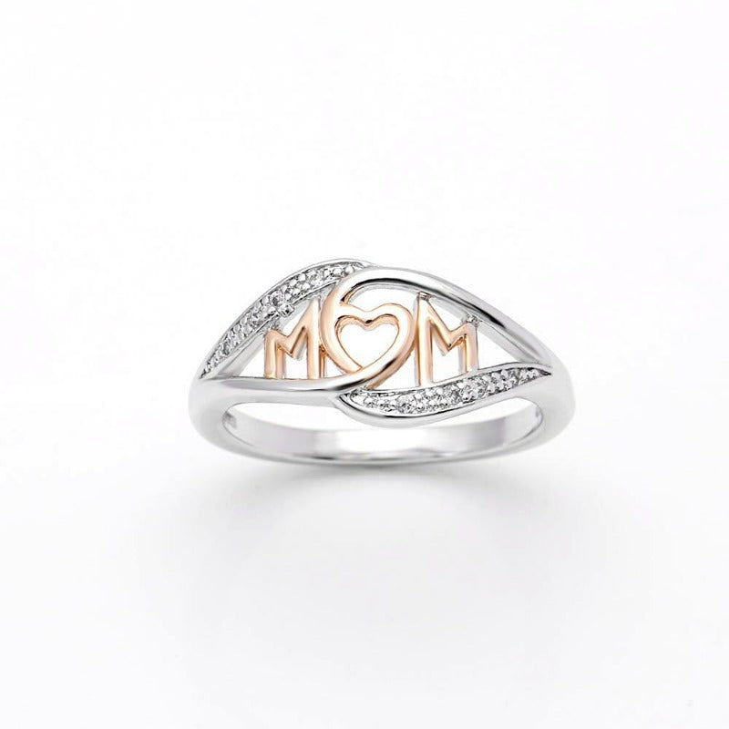 White and Rose Gold Sterling Silver Mom Heart Ring 