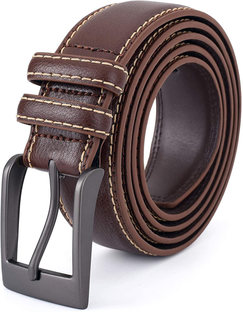 Premium Classic Leather Dress Belt | Double Stitched Loops Thick Tall Belts | Basic Belt Dark Satin Solid Belt Prong Buckle