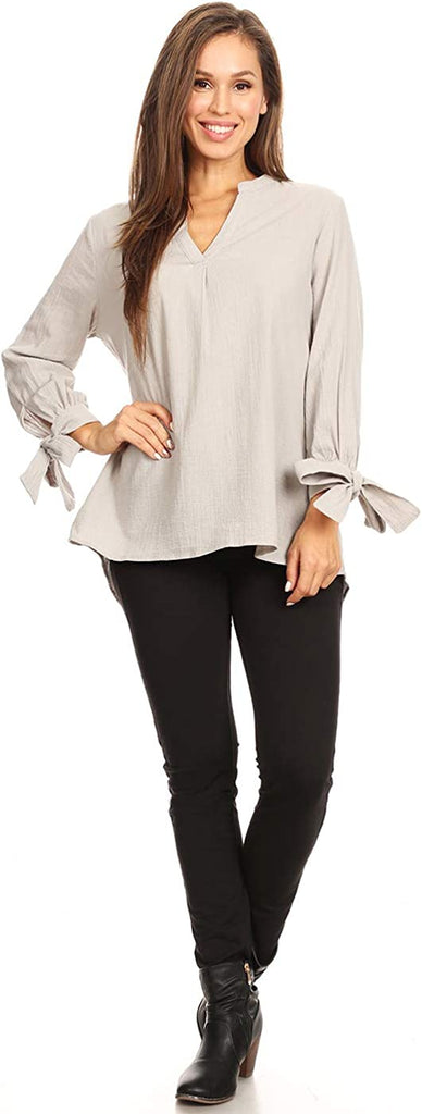 Women's V Neck Blouse Split Tie Sleeve Casual Office Work Shirts Tops