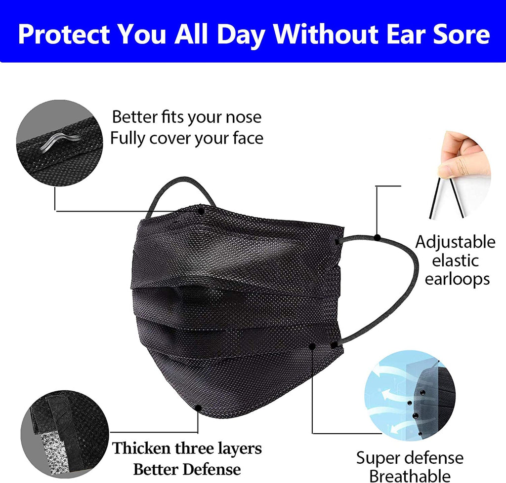 50 Pack Breathable Black Disposable Face Masks with Elastic Ear Loops