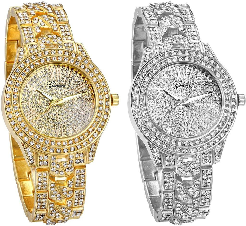 JewelryWe Men Women Watches Gold Tone Alloy Quartz Watch Stylish Rhinestone Business Casual Dress Wristwatches for Valentine’s Day