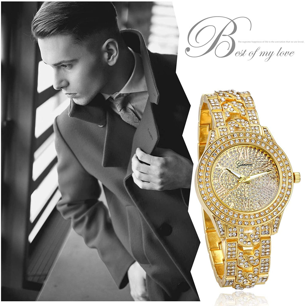 JewelryWe Men Women Watches Gold Tone Alloy Quartz Watch Stylish Rhinestone Business Casual Dress Wristwatches for Valentine’s Day