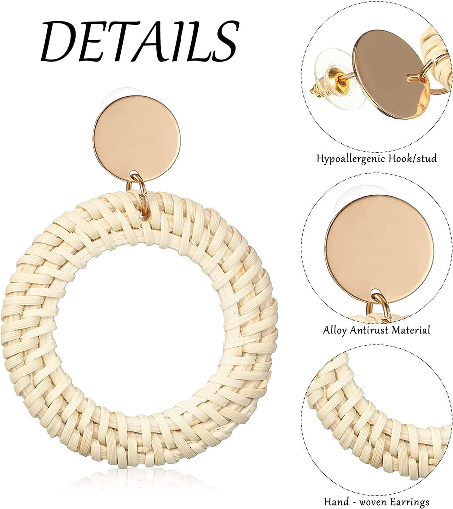 6 Pairs Rattan Earrings Straw Earrings Tassel Woven Bohemian Earring Handmade Wicker Braid Hoop Drop Earring For Women Girls