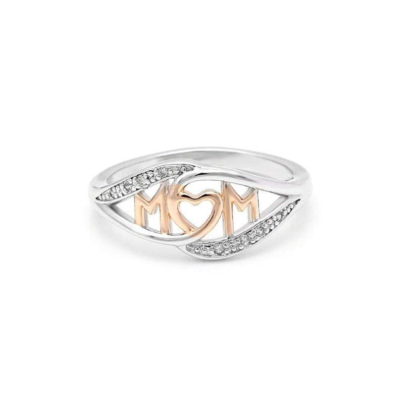 White and Rose Gold Sterling Silver Mom Heart Ring 