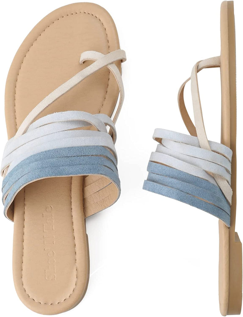Shoe'N Tale Flat Strappy Sandals for Women Casual Slides Flip Flops Slip On Dressy Flats Summer Beach Shoes