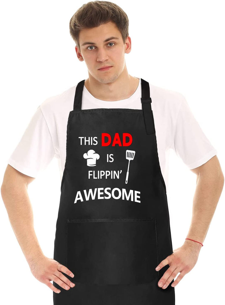 Funny Apron, BBQ Grill Apron with 2 Pockets, Funny Aprons for Men, Women, One Size Fits All, Cooking Aprons, Personalized Apron, BBQ Gift Apron for Father, Husband, Chef (This Dad is Flippin' Awesome)