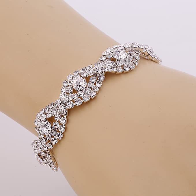 Silver Plated Clear Rhinestone Crystal Tennis Bracelet and Earrings Set