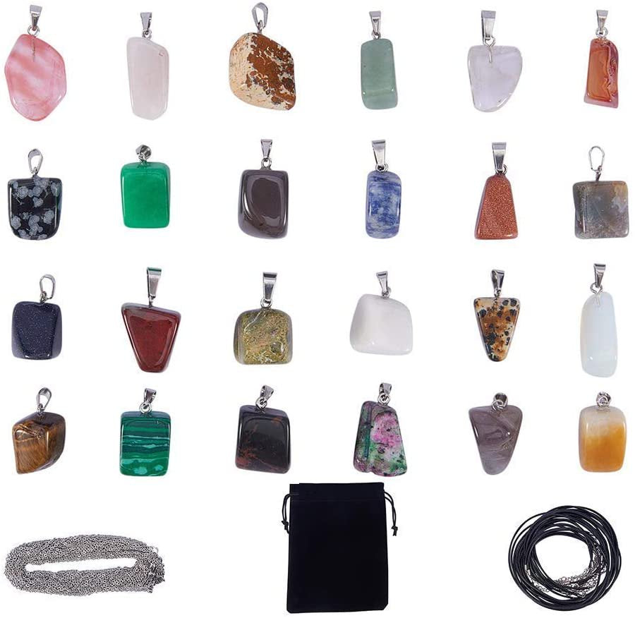 48Pcs Crystal Stone Charms Kit Irregular Shape Healing Gemstone Chakra Beads Pendants 12Pcs Imitation Leather Cord Necklace & 12Pcs Cross Chains & Velvet Pouches for Necklace Jewelry Making