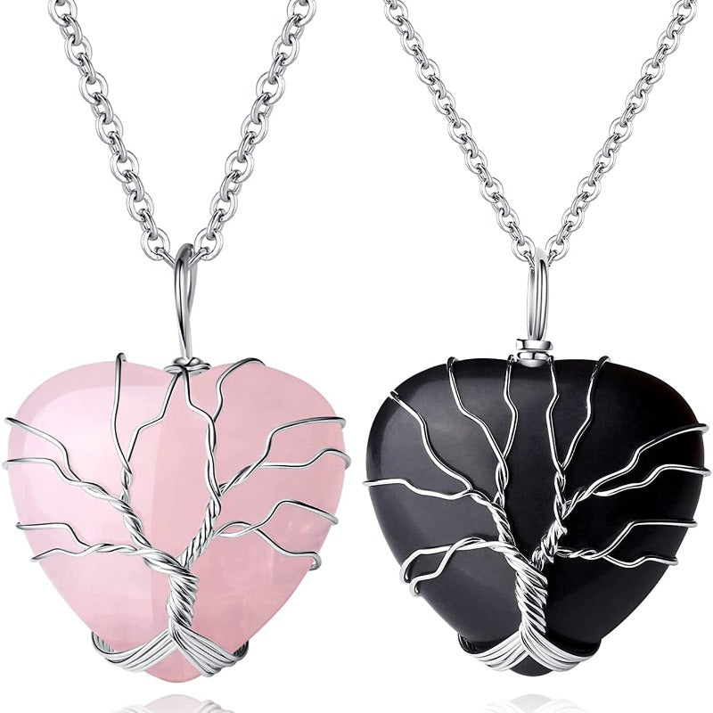 Tree of Life Wire Wrapped Heart Healing Crystal Stone Necklace