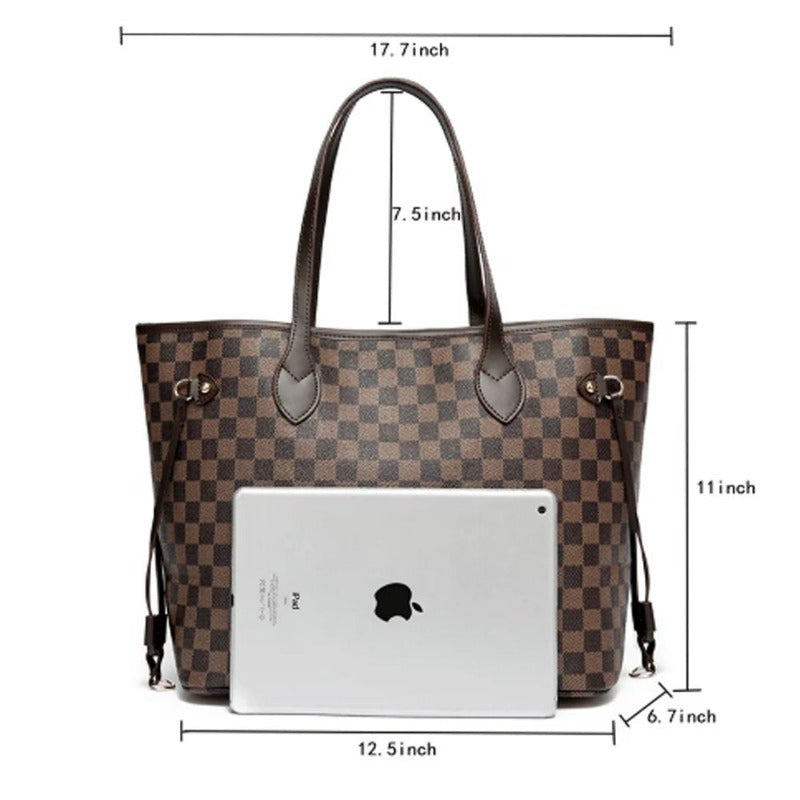  Women's Checkered Tote Bag PU Vegan Leather Satchel with Inner Pouch 