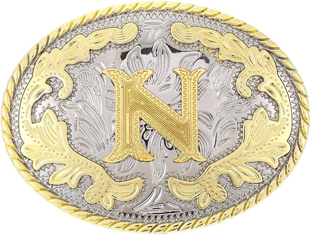 Western Belt Buckle with Initial Letters - Cowboy Rodeo Gold Large Belt Buckle for Men and Women