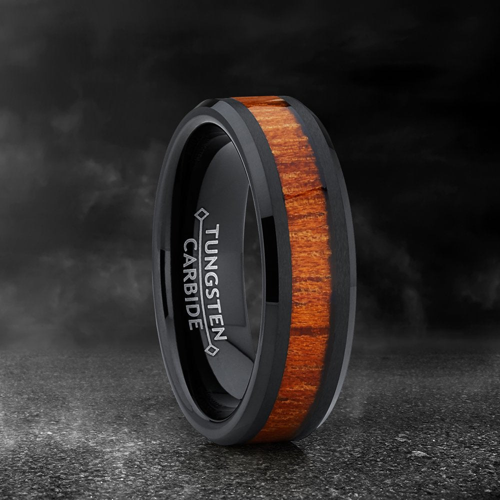 Men's Black Tungsten Carbide Wedding Band Ring, Real Wood Inlay Comfort Fit 8Mm 8