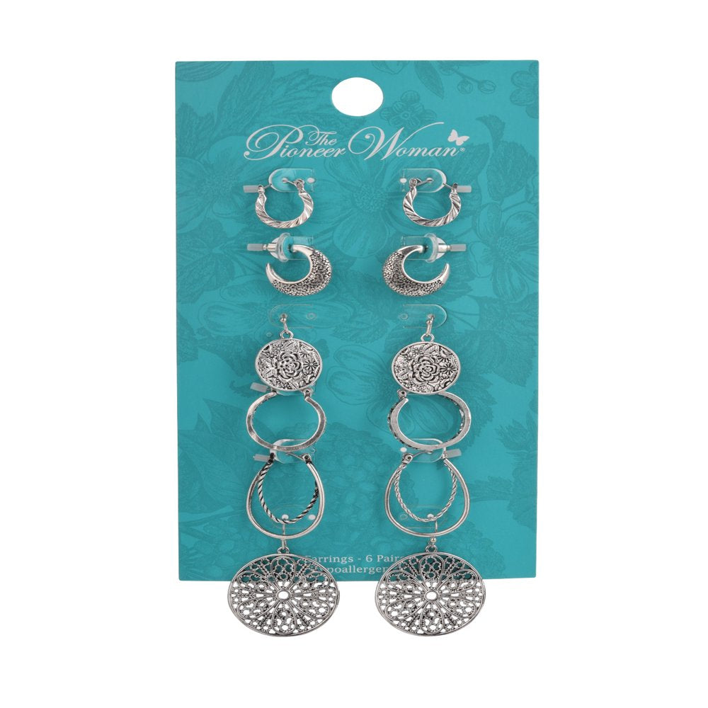 6 Pack Woman Antique Silver Texured Earring Set