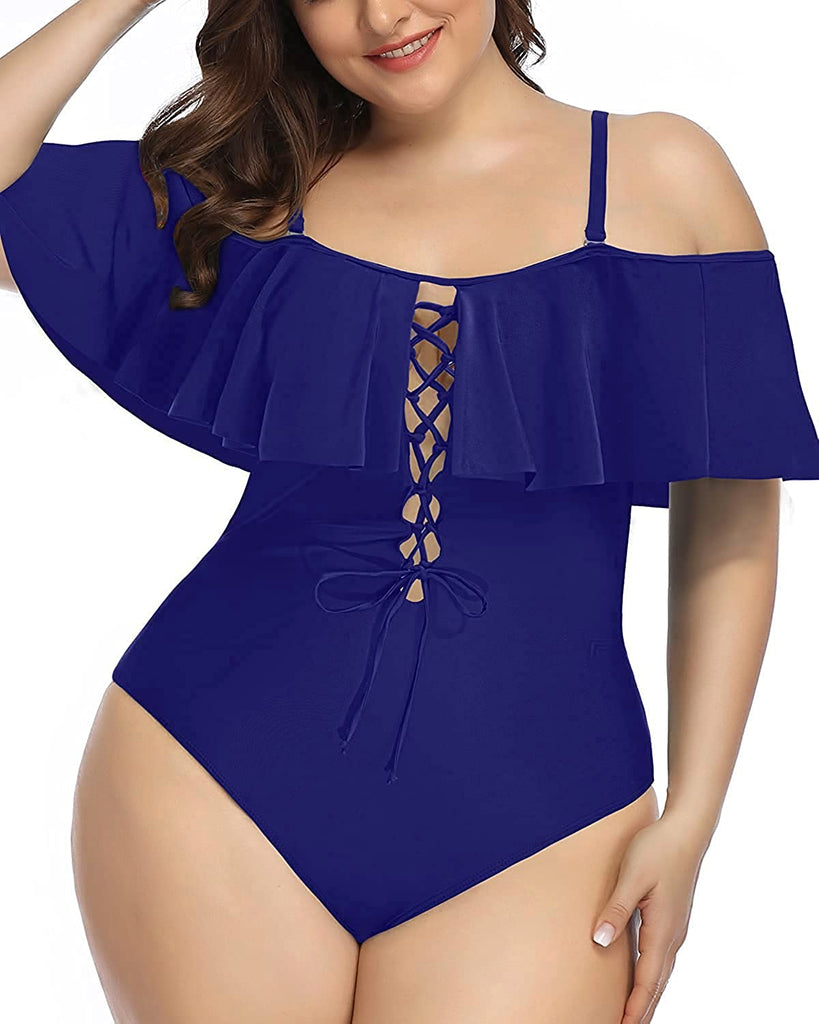  Women Plus Size One Piece Off Shoulder Swimsuits Lace Up Tummy Control Flounce Bathing Suits