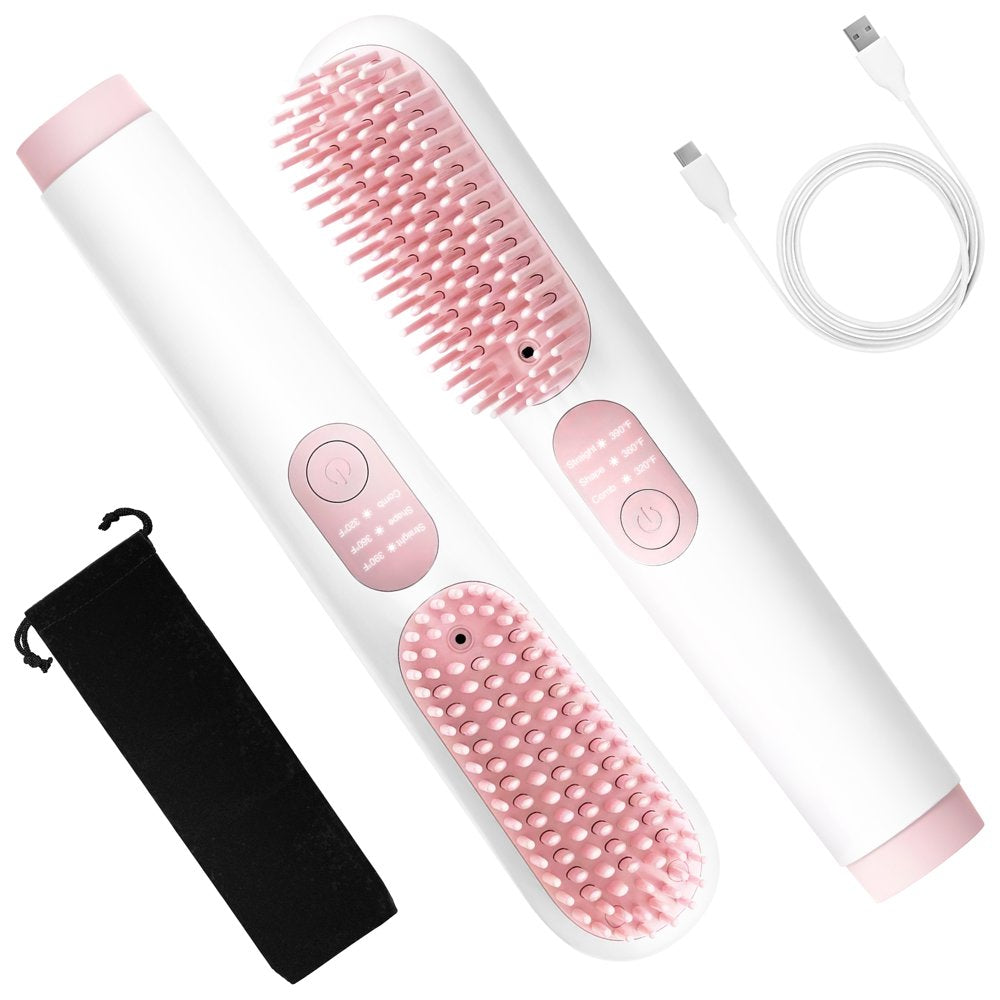 Cordless Hair Straightener Brush,  Portable Ionic Hot Straightening Comb for Travel, Pink