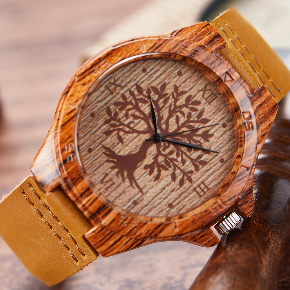 Men's Wood & Leather Quartz Wristwatch tan