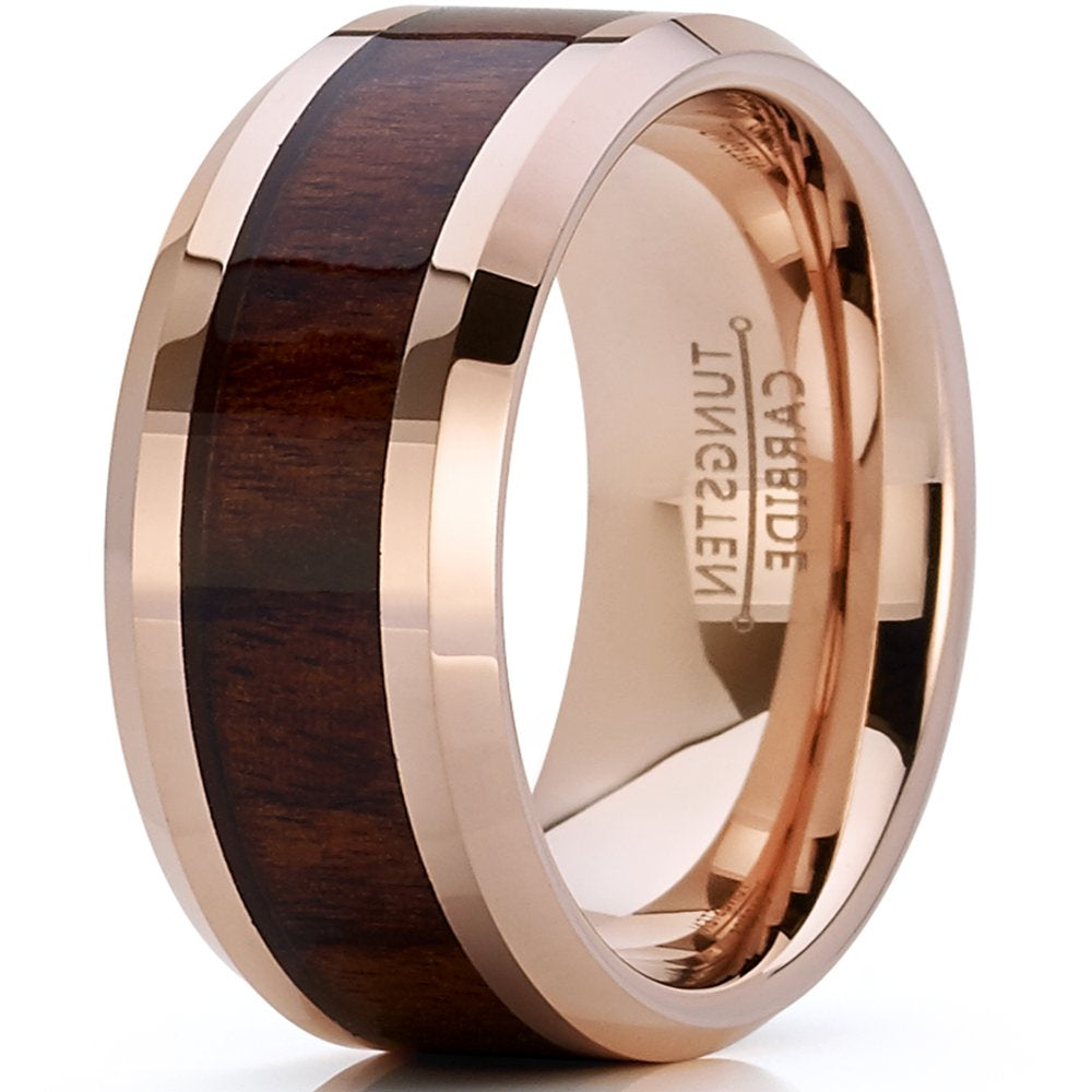 Men'S Rose Tone Tungsten Carbide Wedding Band Engagement Ring, Real Wood Inlay, Comfort Fit 8Mm 8