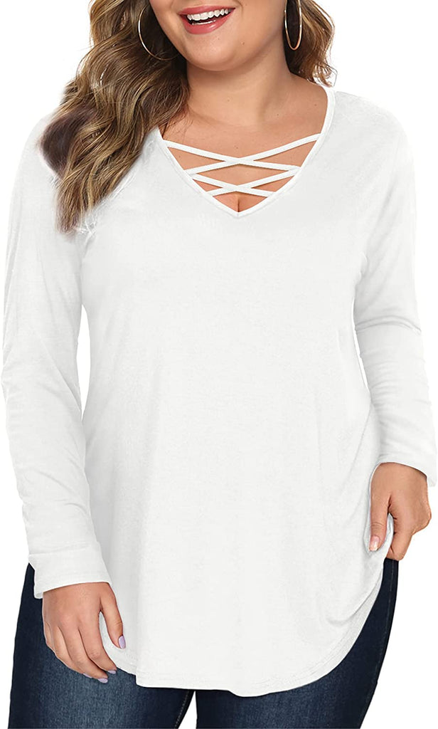 Amoretu Women's Plus Size Tops Short Sleeve Criss Cross V Neck T-Shirt