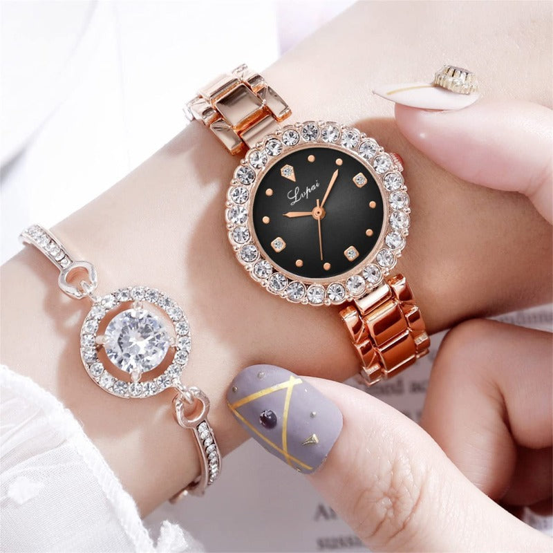 2 Piece Ladies Watch Set with Matching Crystal Bracelet 