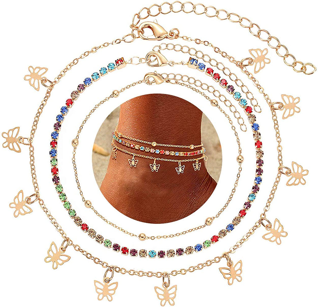 Anklets for Women Cute Charms Butterfly Ankle Bracelets Colorful Rhinestone Anklets Bohemia Layering Chain Anklets for Girls Summer Beach Foot Jewelry Set