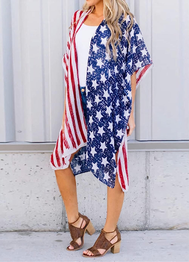 Women's American Flag Kimono Cover Up Lightweight Patriotic