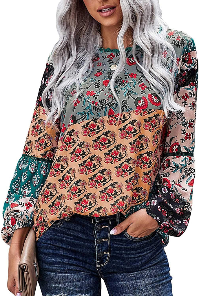 Women's Casual Boho Floral Printed round Neck Long Sleeve Shirt Loose Blouses Tops