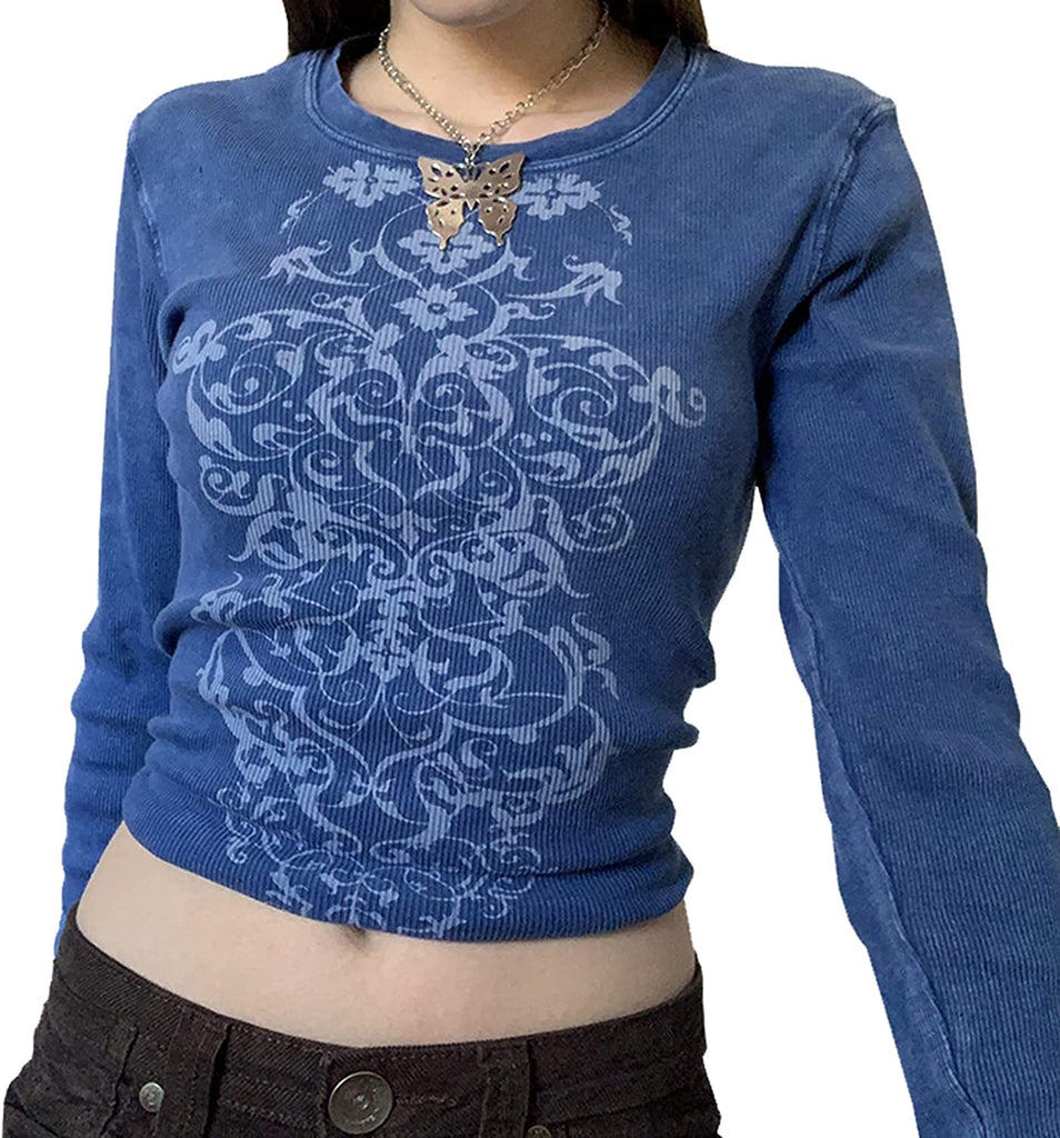 Girls Vintage Long Sleeve Crop Top 90s Harajuku Tunic Ribbed Graphic Print T-Shirts for Women Streetwear