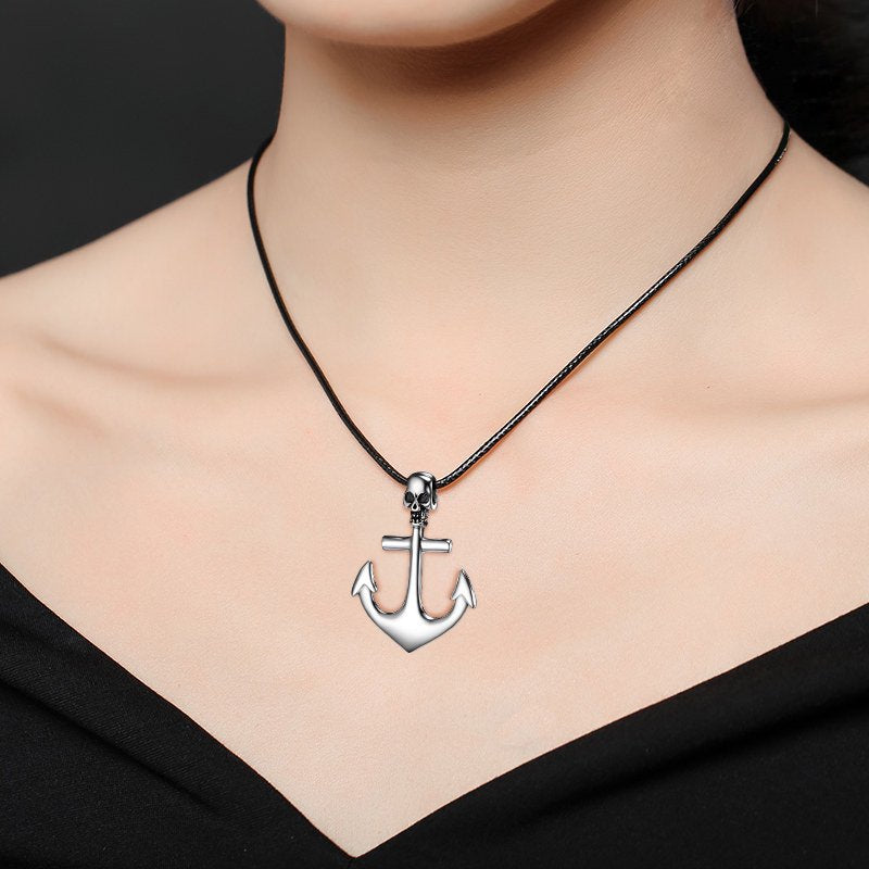 Skull Necklace Anchor Pendant Necklaces 925 Sterling Silver for Mens Women Unisex Hypoallergenic 18K White Gold Plated Fashion Jewelry Festival Gifts for Son Daughter