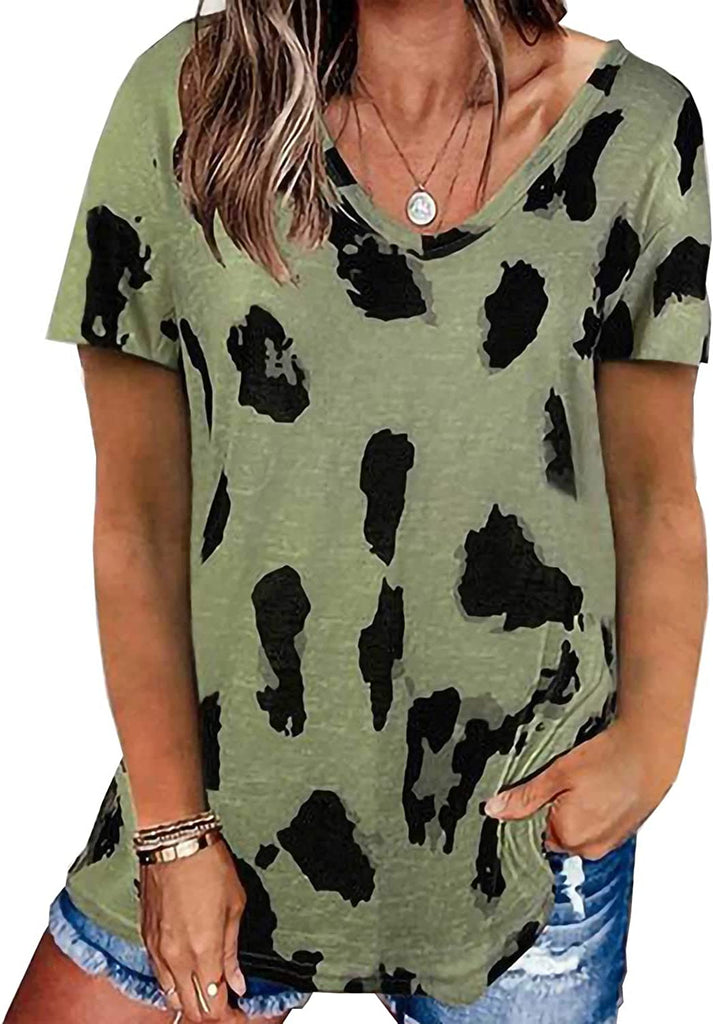 Women's Leopard Print Tops Short Sleeve V Neck T Shirts Loose Casual Summer Blouses