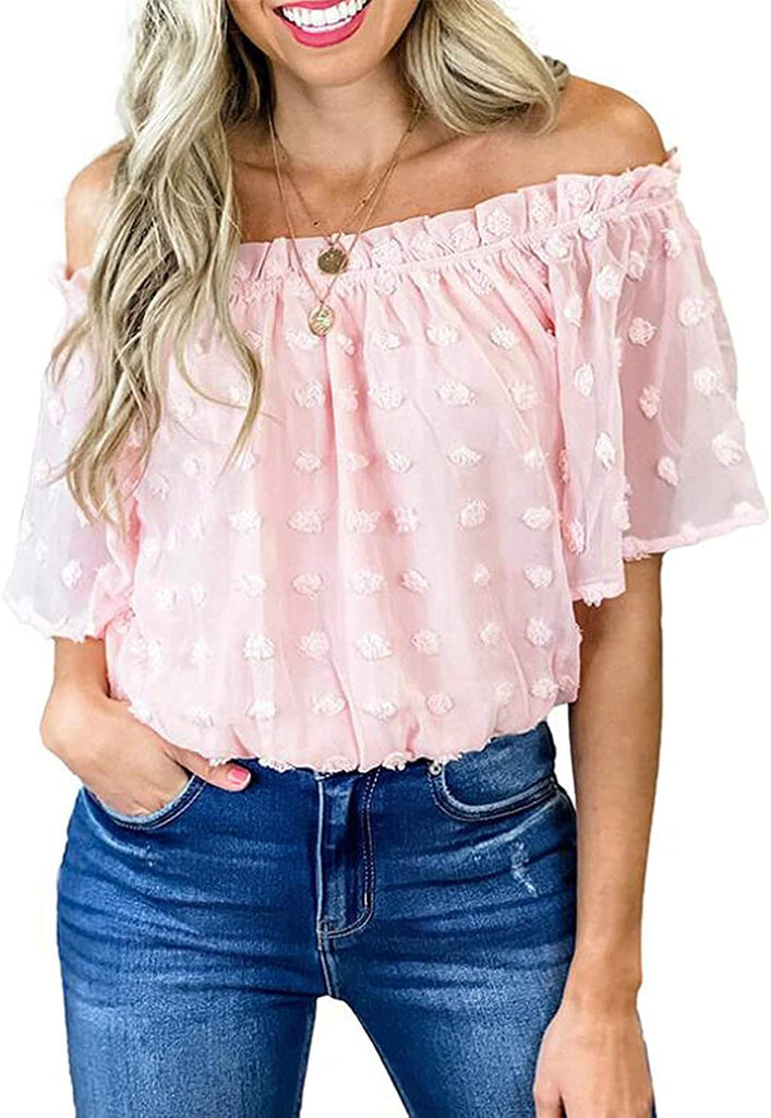 Women's Peasant Blouse off Shoulder Ruffle Shirts Boho Short Sleeve Smocked Top