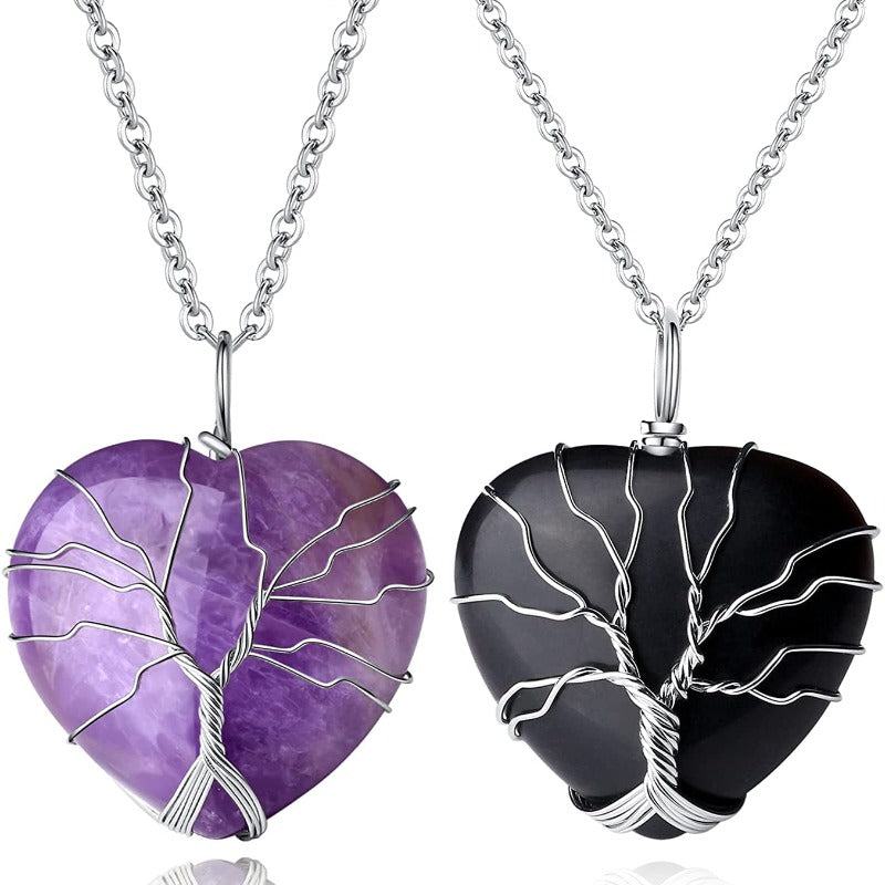 Tree of Life Wire Wrapped Heart Healing Crystal Stone Necklace