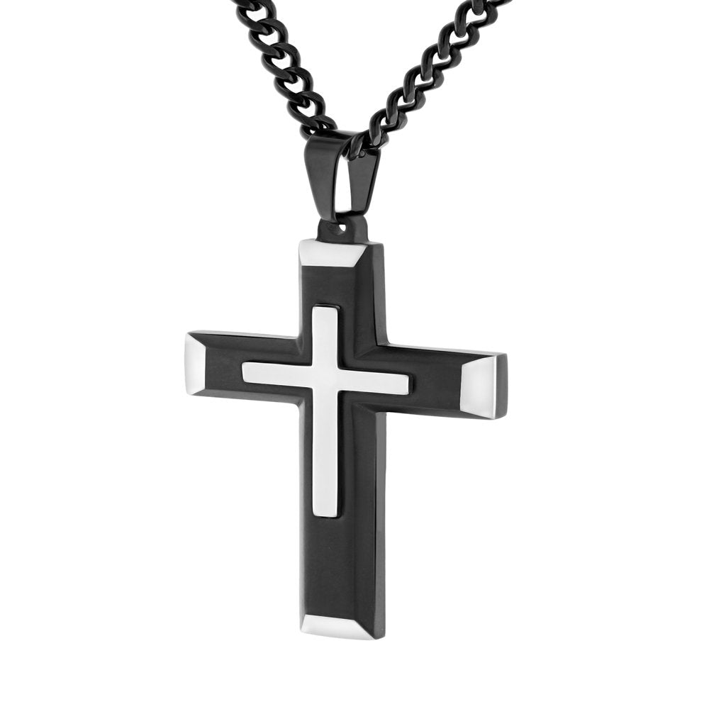 Men’s Stainless Steel Two Tone Stacked Cross Pendant Necklace Chain