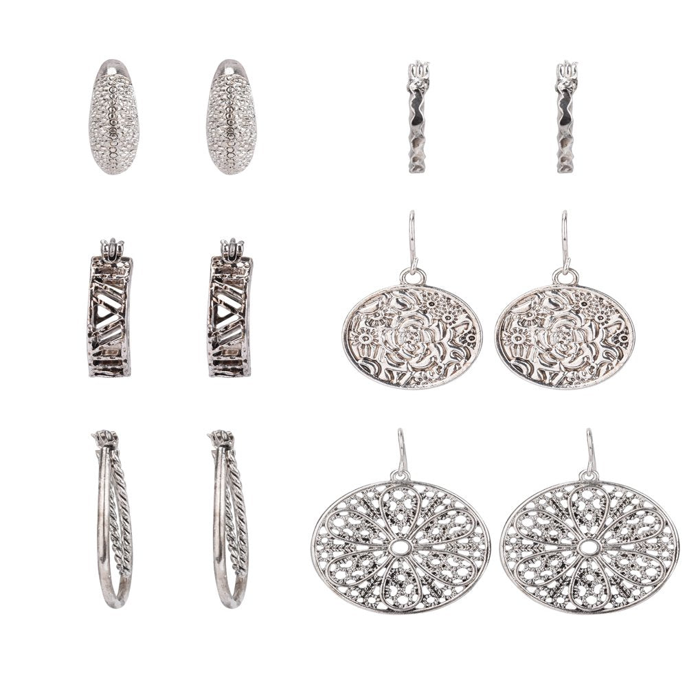 6 Pack Woman Antique Silver Texured Earring Set