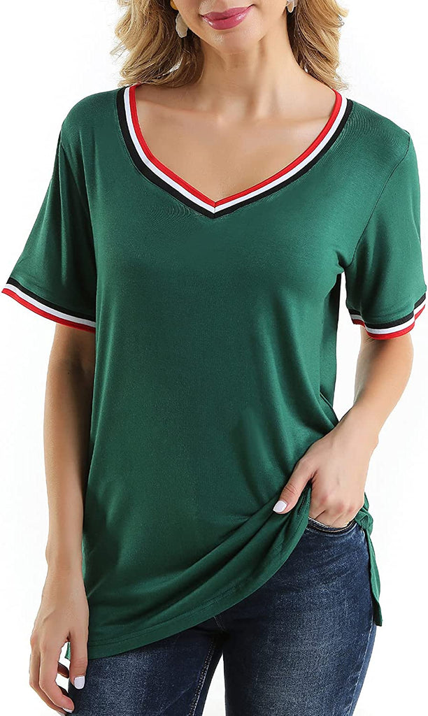 Women's T Shirts V-Neck Short Sleeve Side Split Loose Fit Casual Tees