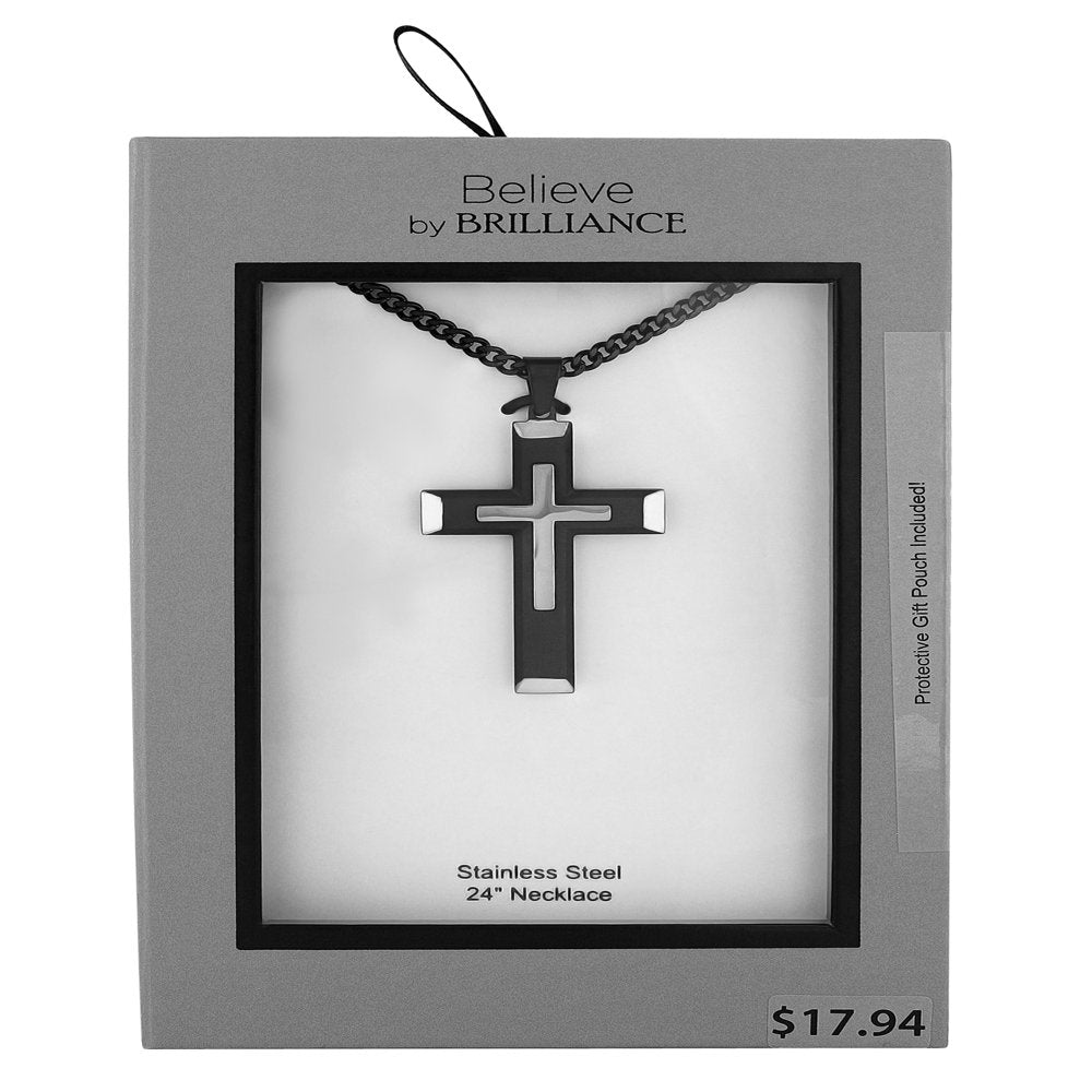 Men’s Stainless Steel Two Tone Stacked Cross Pendant Necklace Chain