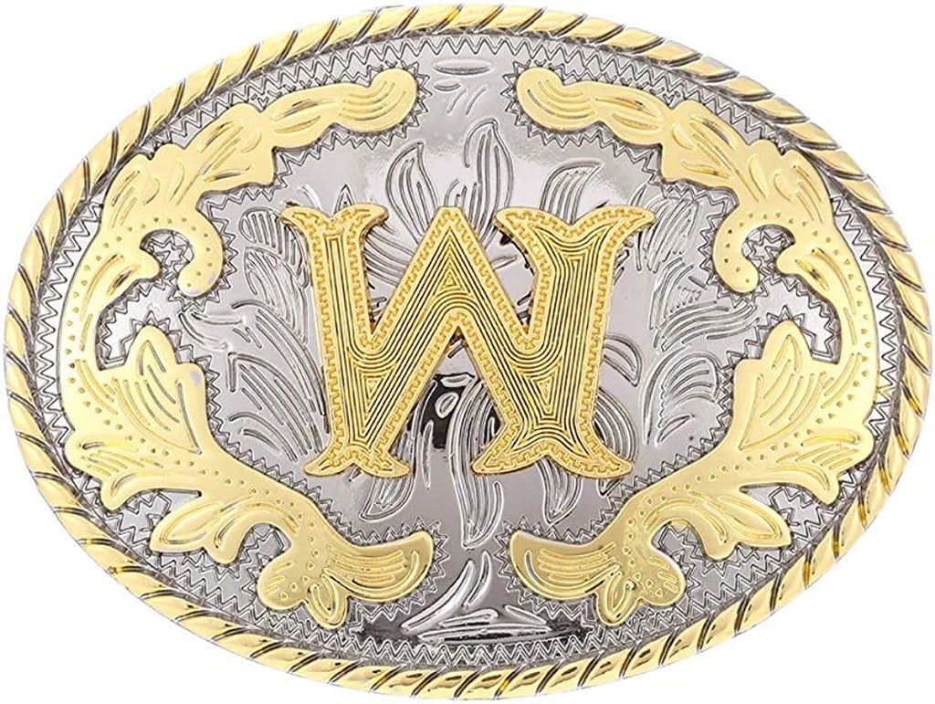 Western Belt Buckle with Initial Letters - Cowboy Rodeo Gold Large Belt Buckle for Men and Women